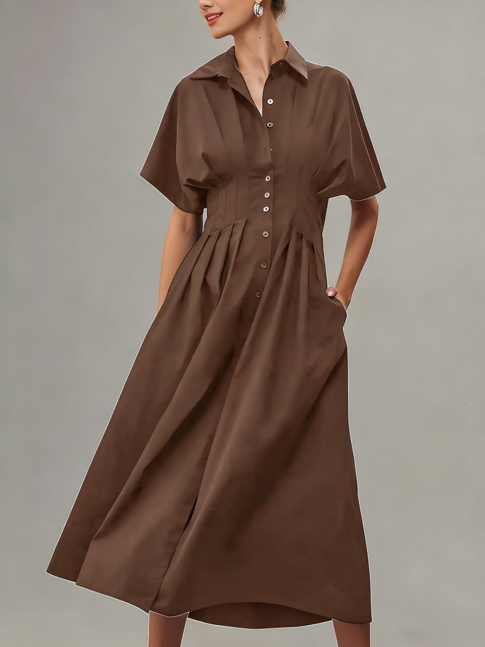 Yeokou Shirt Dress for Women Summer Casual Short Sleeve Button Down Loose Pleated Maxi Sundress with Pockets (Brown-L)