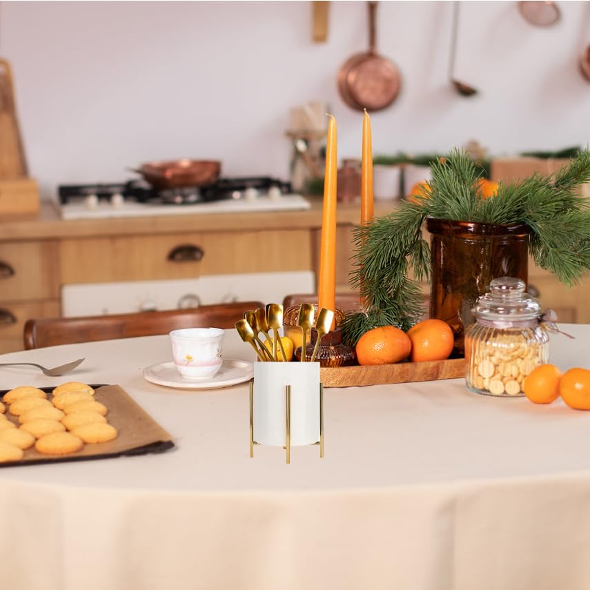 SIEBOLD Gold pencil cup Sturdy metal frame with white ceramic pen holder For desks and kitchen appliance holders