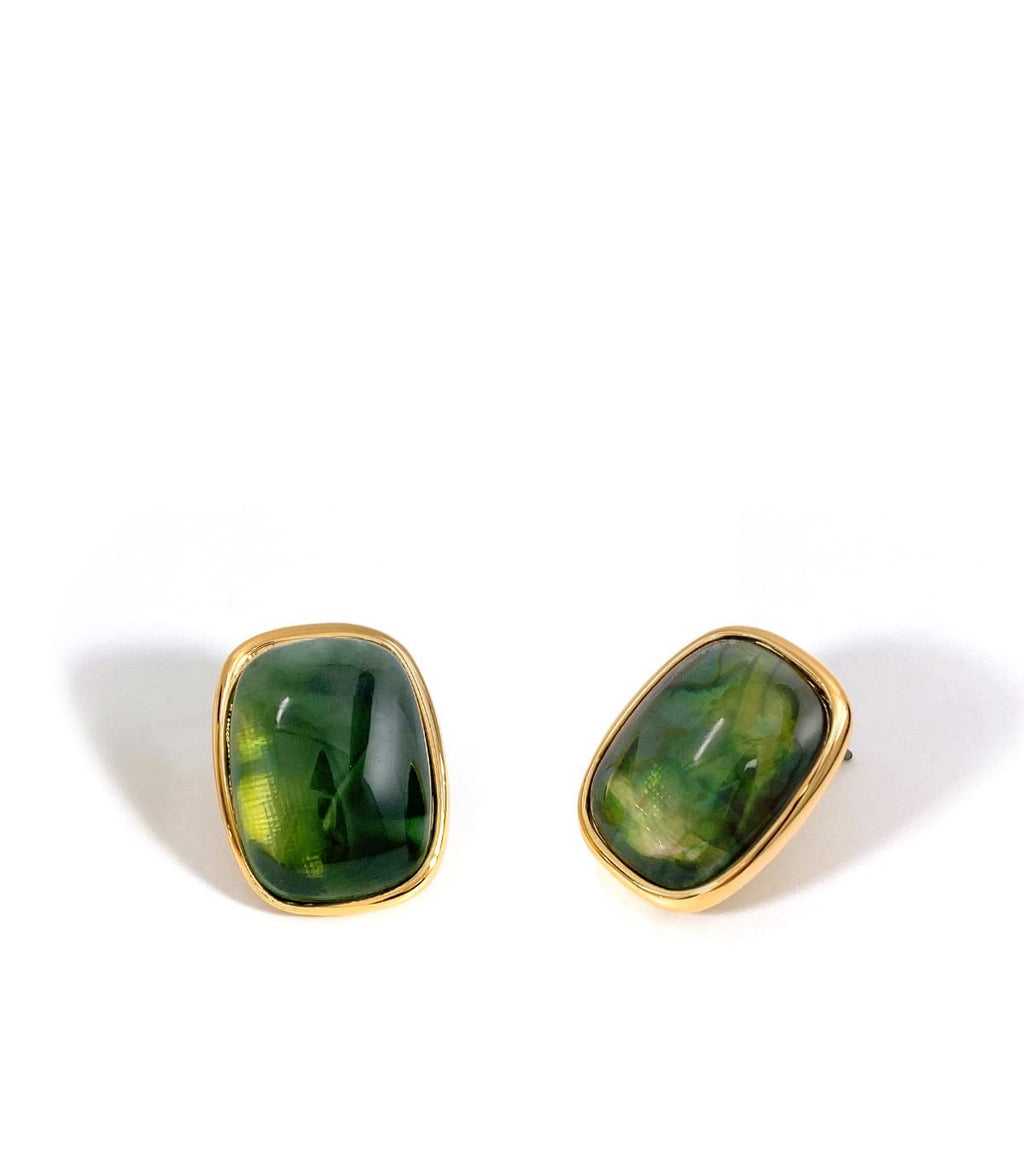 M.DUN- Round Edges Rectangle Shape Studs Earring. Abalone Amber Turquoise Resin Stone Design/18k Real Gold Plated Bezel, Hypoallergenic Gorgeous Gift for Women (green)