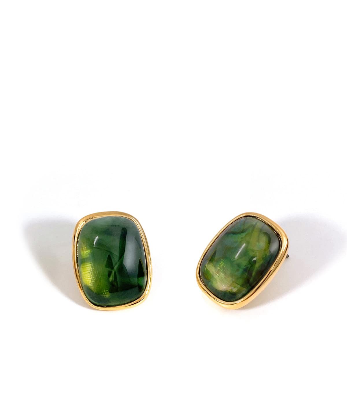 M.DUN- Round Edges Rectangle Shape Studs Earring. Abalone Amber Turquoise Resin Stone Design/18k Real Gold Plated Bezel, Hypoallergenic Gorgeous Gift for Women (green)