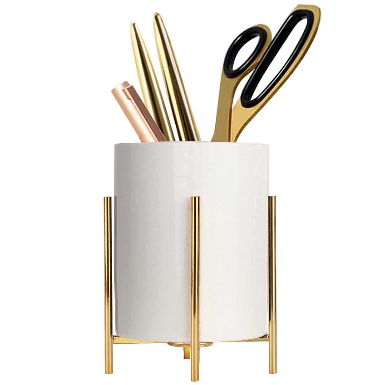 SIEBOLD Gold pencil cup Sturdy metal frame with white ceramic pen holder For desks and kitchen appliance holders