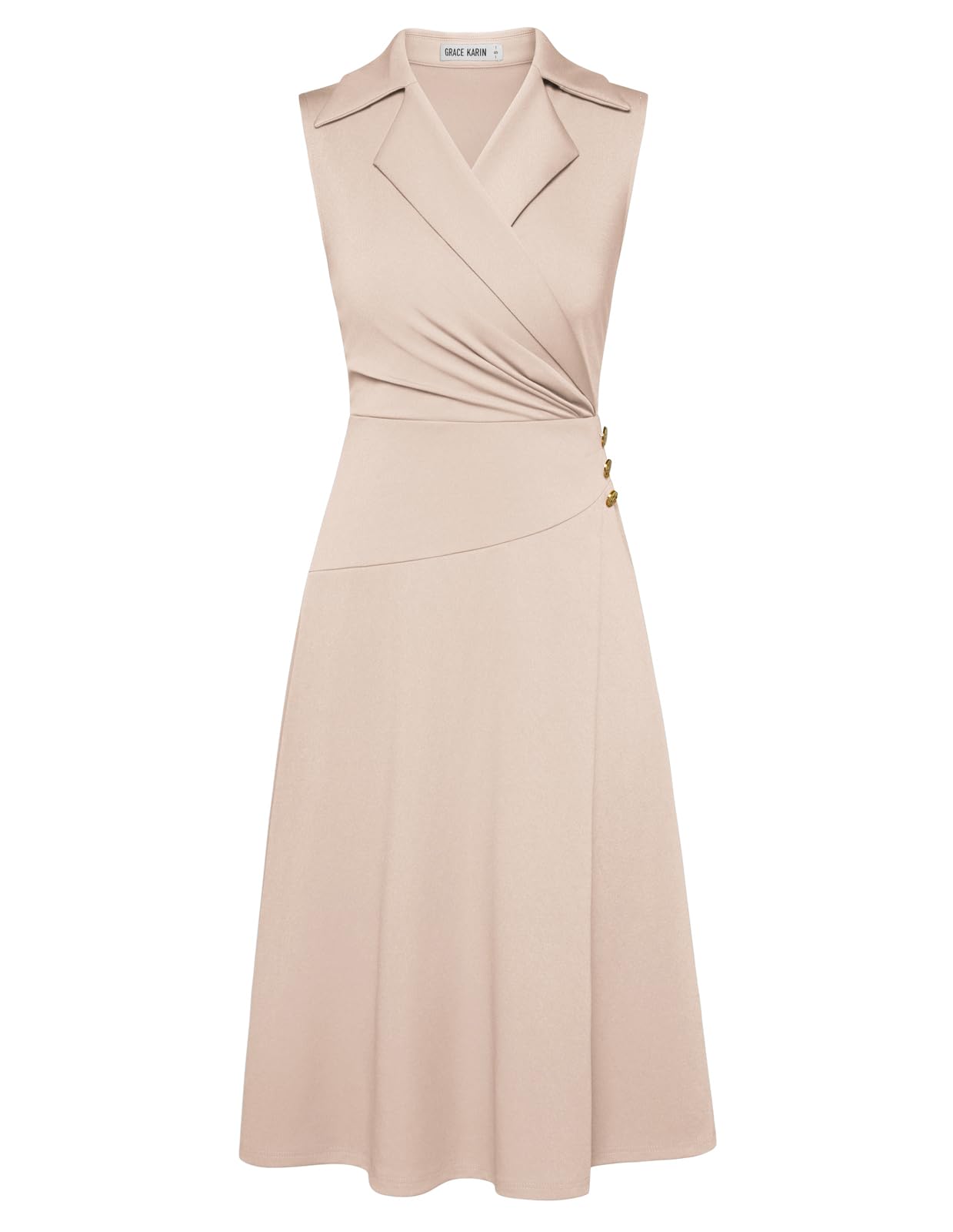 GRACE KARIN Business Work Ruched Wrap V Neck Dress for Women Summer Sleeveless A Line Midi Dress Apricot XL