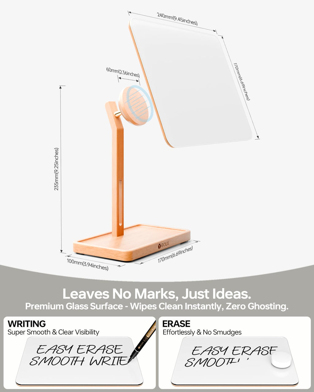YEOUX Premium Desktop Glass Whiteboard & Magnetic Phone Stand 2-in-1 | 360° Adjustable | Solid Wood | Compatible with MagSafe, Small Dry Erase Board for Office Home Desk
