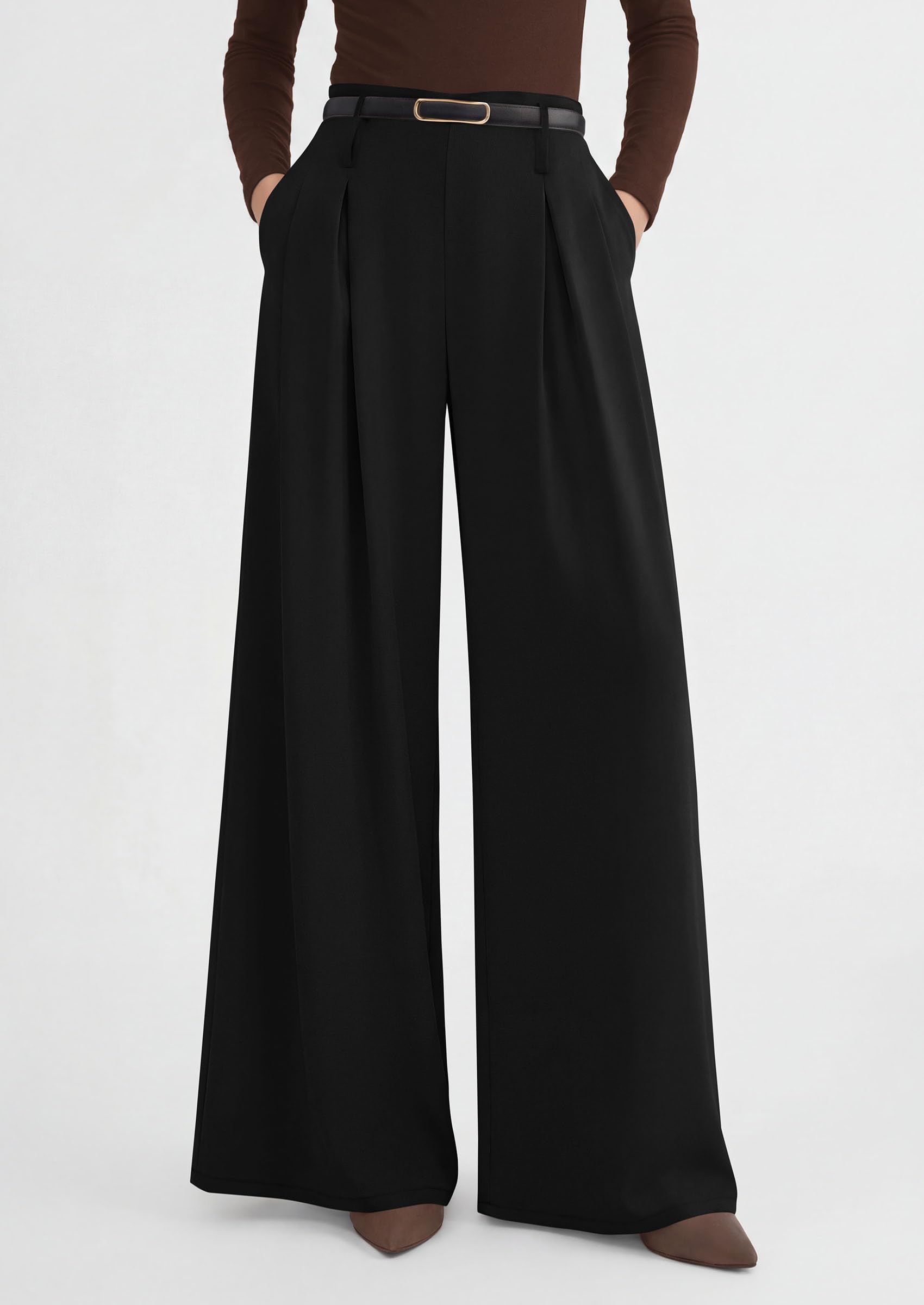 PRETTYGARDEN Womens Spring Wide Leg Trousers 2026 High Elastic Waist Loose Pleated Long Flowy Palazzo Work Pants with Pockets (Black,Large)