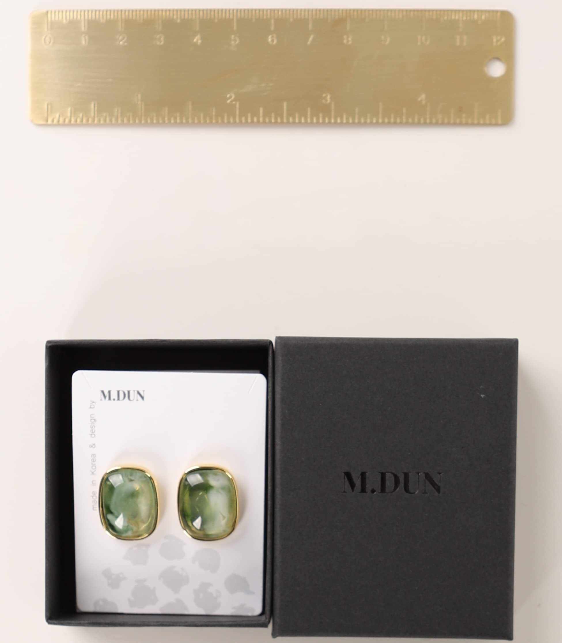 M.DUN- Round Edges Rectangle Shape Studs Earring. Abalone Amber Turquoise Resin Stone Design/18k Real Gold Plated Bezel, Hypoallergenic Gorgeous Gift for Women (green)