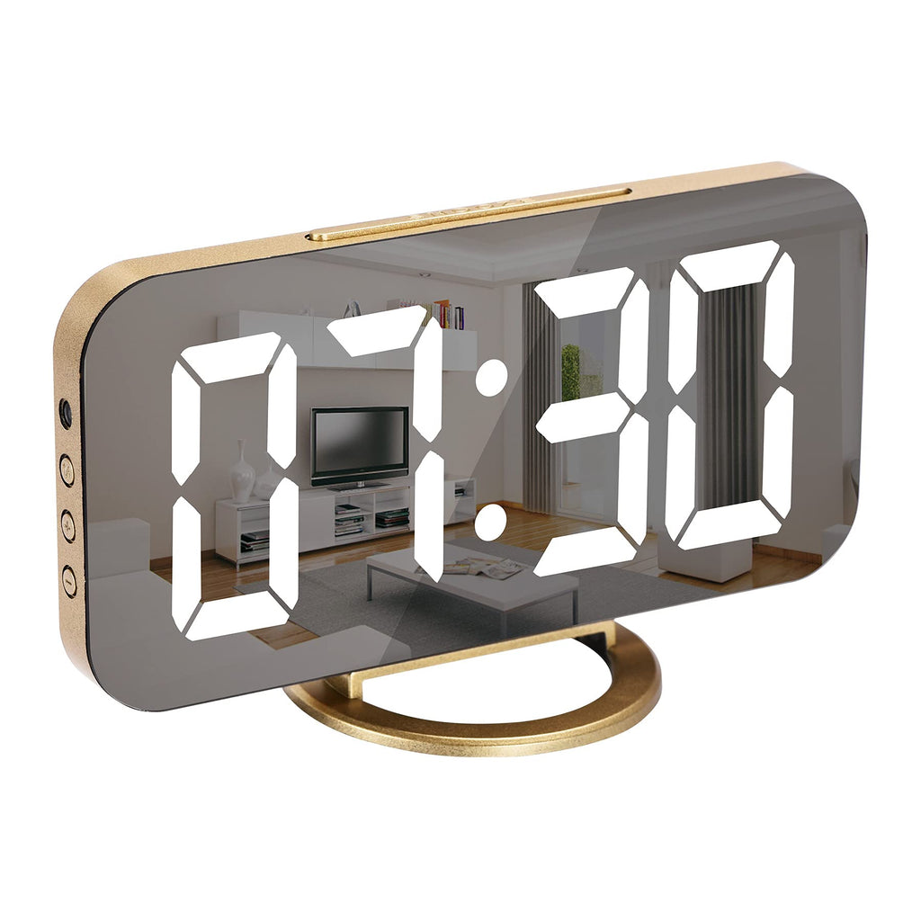 SZELAM Digital Alarm Clock,LED and Mirror Desk Clock Large Display,with Dual USB Charger Ports,3 Levels Brightness,12/24H,Modern Electronic Clock for Bedroom Home Living Room Office - Gold