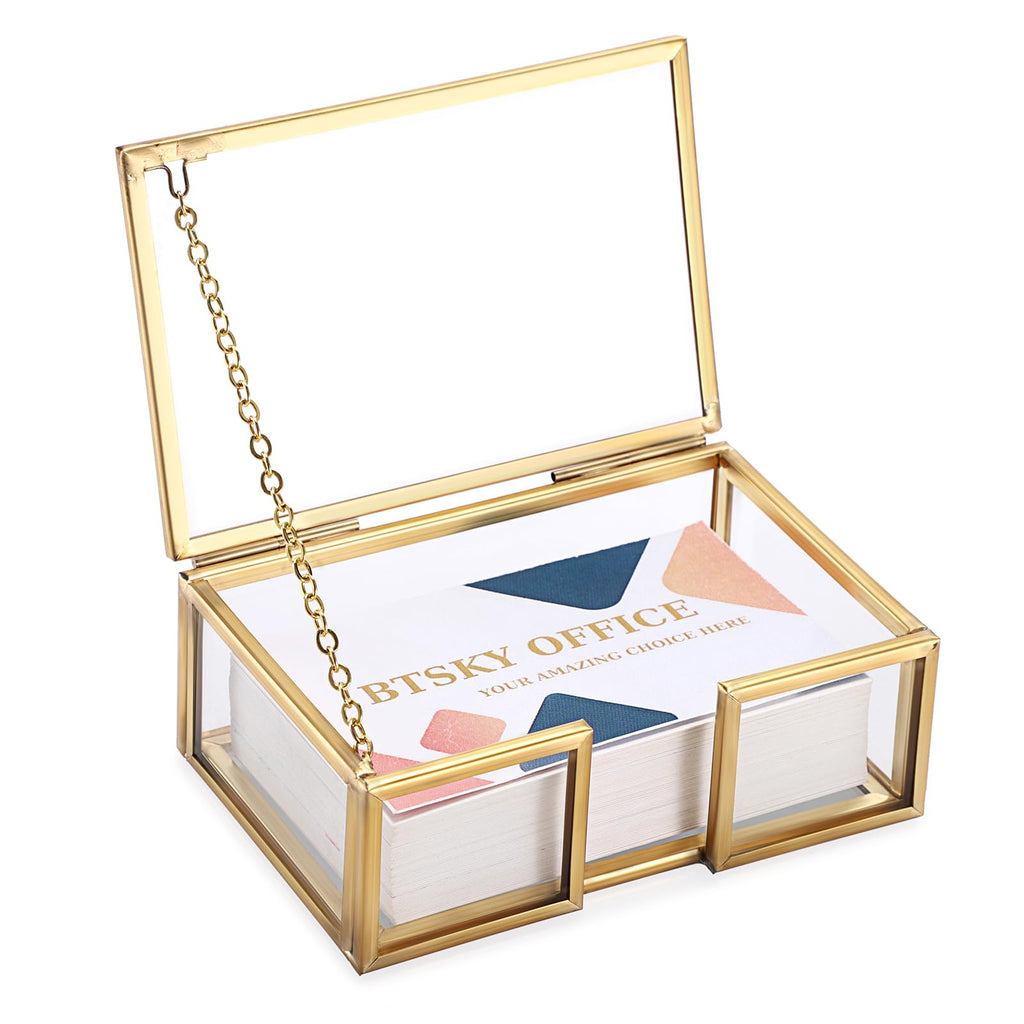 BTSKY Golden Glass Business Card Storage Box with Hinge Lid, Business Card Holder for Desk, Name Card Display Stand for Office Countertop, Business Card Storage Organizer Office Desk Accessories