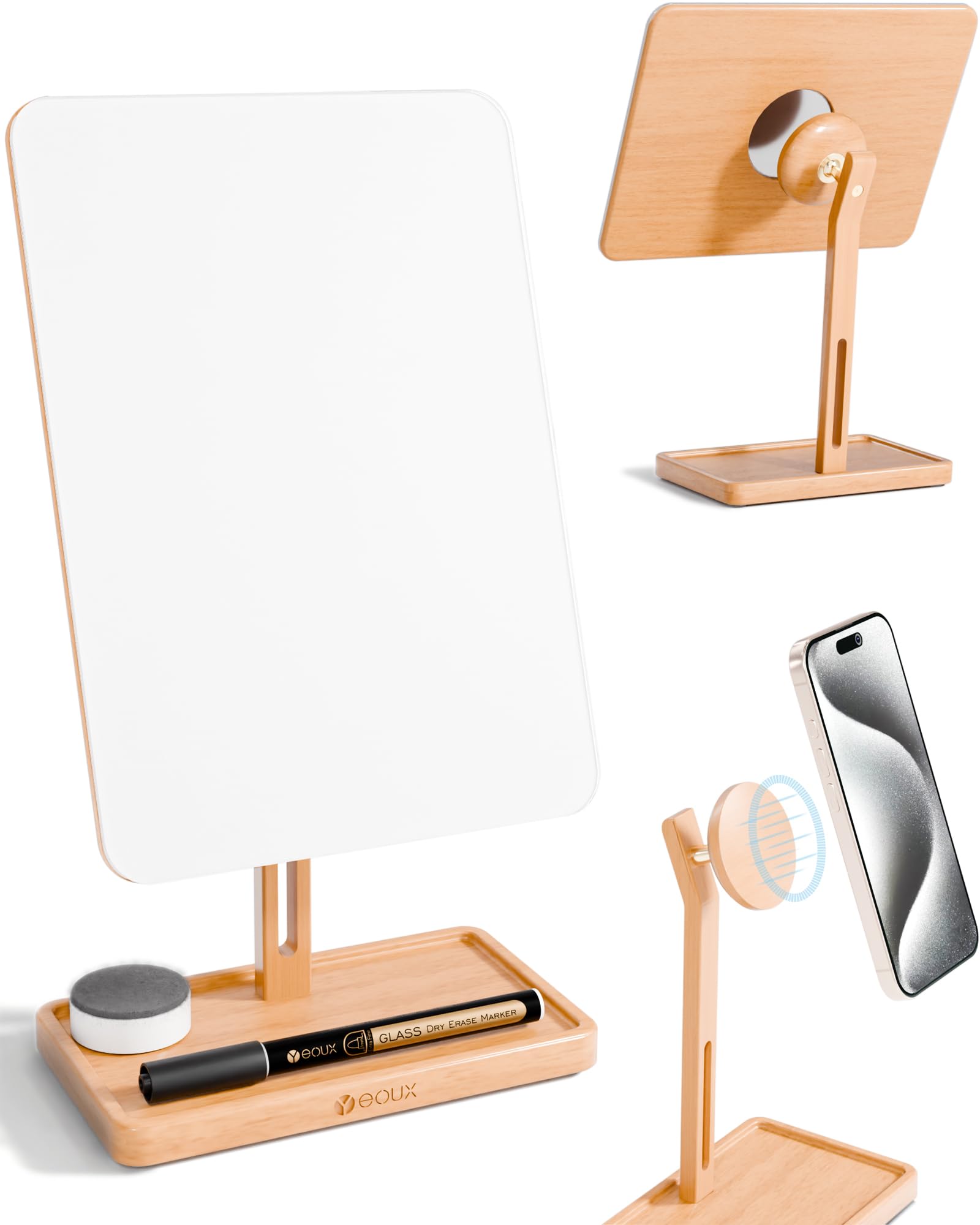 YEOUX Premium Desktop Glass Whiteboard & Magnetic Phone Stand 2-in-1 | 360° Adjustable | Solid Wood | Compatible with MagSafe, Small Dry Erase Board for Office Home Desk
