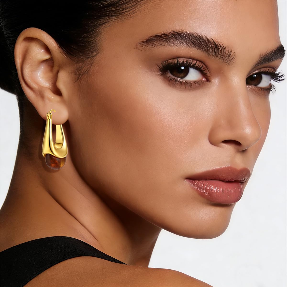 Vintage Gold Hoops Earrings for Women,Brown White Blue Pink Chunky Dangle Drop Jewelry with Resin Gemstones, Trendy Statement Earrings for Beach,Party, Vintage Gift for Travel Maximalist Jewelry Brown