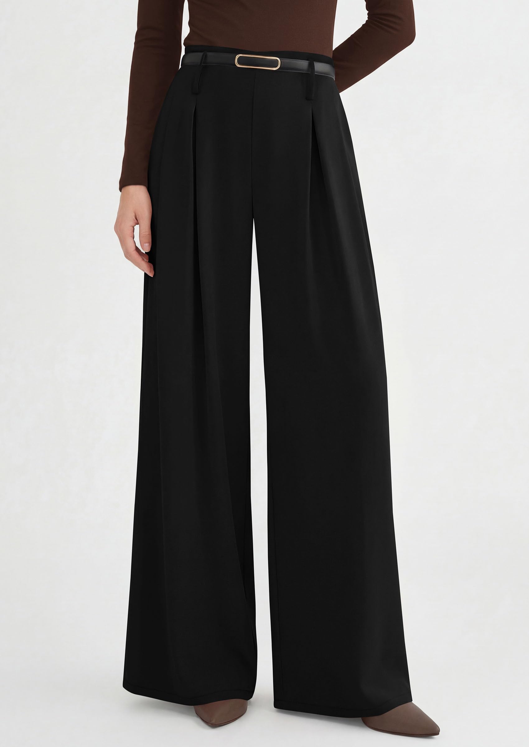 PRETTYGARDEN Womens Spring Wide Leg Trousers 2026 High Elastic Waist Loose Pleated Long Flowy Palazzo Work Pants with Pockets (Black,Large)