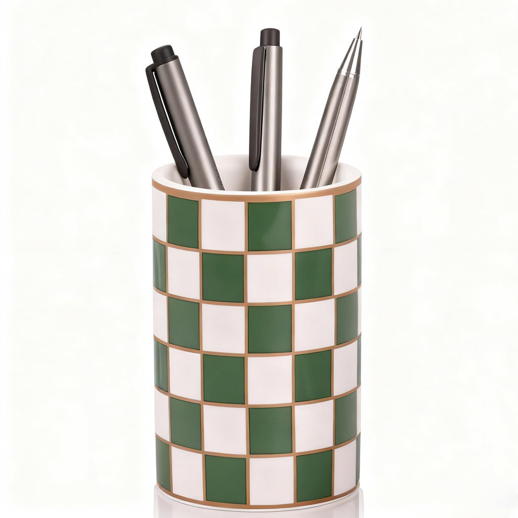 XYQXYQ Ceramic Checkered Pen Holder For Desk,Cute Stand Black And White Pencil Cup,Durable Ceramic Pencil Cup, Decorative Makeup Brush Holder Cup, Stationery Holder for Office, School, Home (Green)