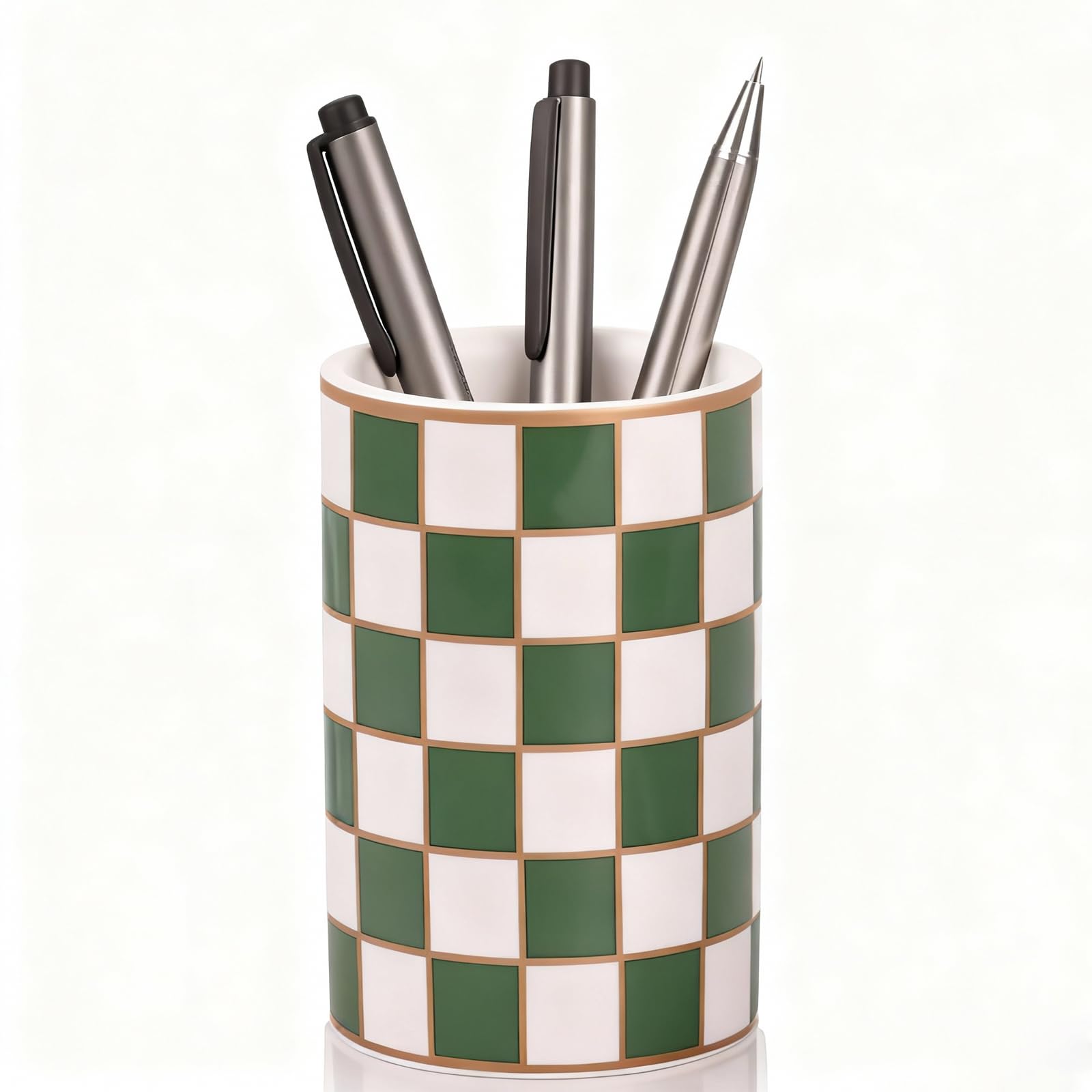 XYQXYQ Ceramic Checkered Pen Holder For Desk,Cute Stand Black And White Pencil Cup,Durable Ceramic Pencil Cup, Decorative Makeup Brush Holder Cup, Stationery Holder for Office, School, Home (Green)