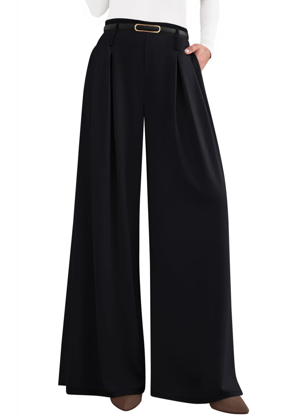 PRETTYGARDEN Womens Spring Wide Leg Trousers 2026 High Elastic Waist Loose Pleated Long Flowy Palazzo Work Pants with Pockets (Black,Large)