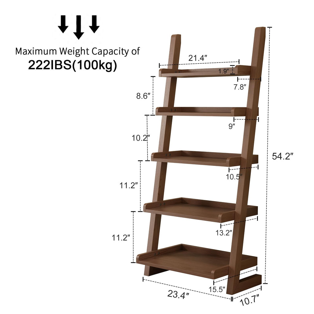 AQIMUELE Walnut Wooden Ladder Shelf with Edges, 5-Tier Modern Leaning Bookshelf Ladder – Stylish Space-Saving Bookcase for Living Room, Bedroom & Home Office
