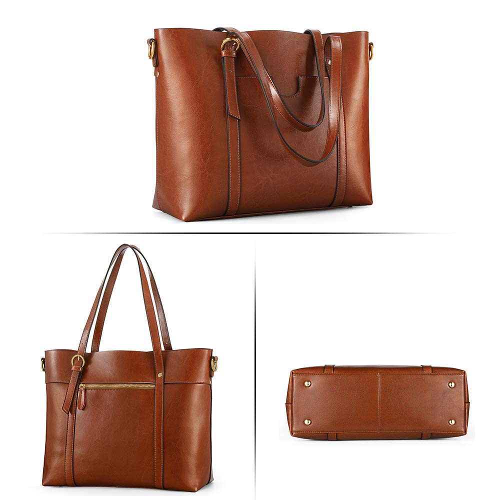 Kattee Genuine Leather Women Tote Bag Soft Handbags Vintage Shoulder Purses Fashion Top Handle Bag Large Capacity (Dark Brown)