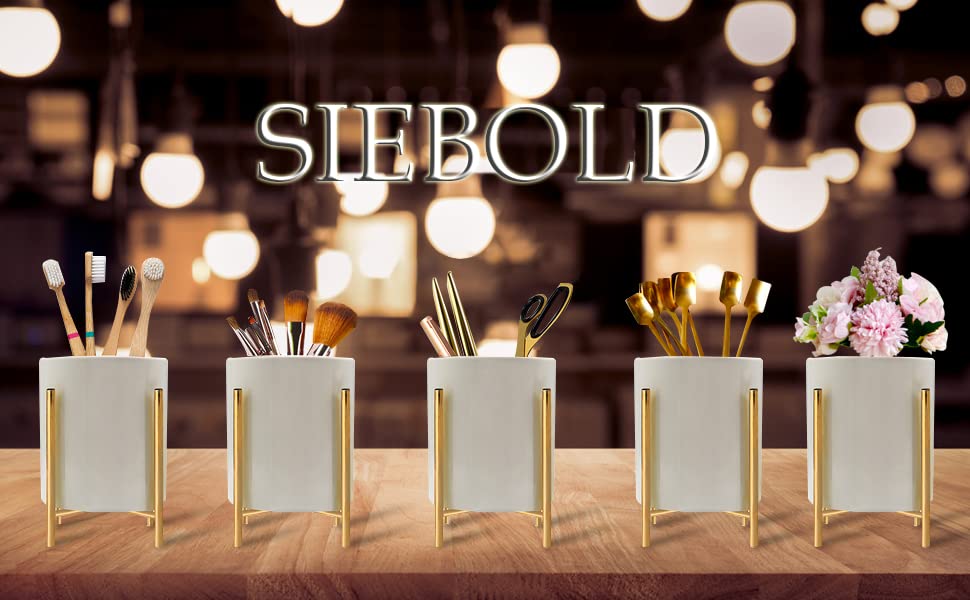 SIEBOLD Gold pencil cup Sturdy metal frame with white ceramic pen holder For desks and kitchen appliance holders