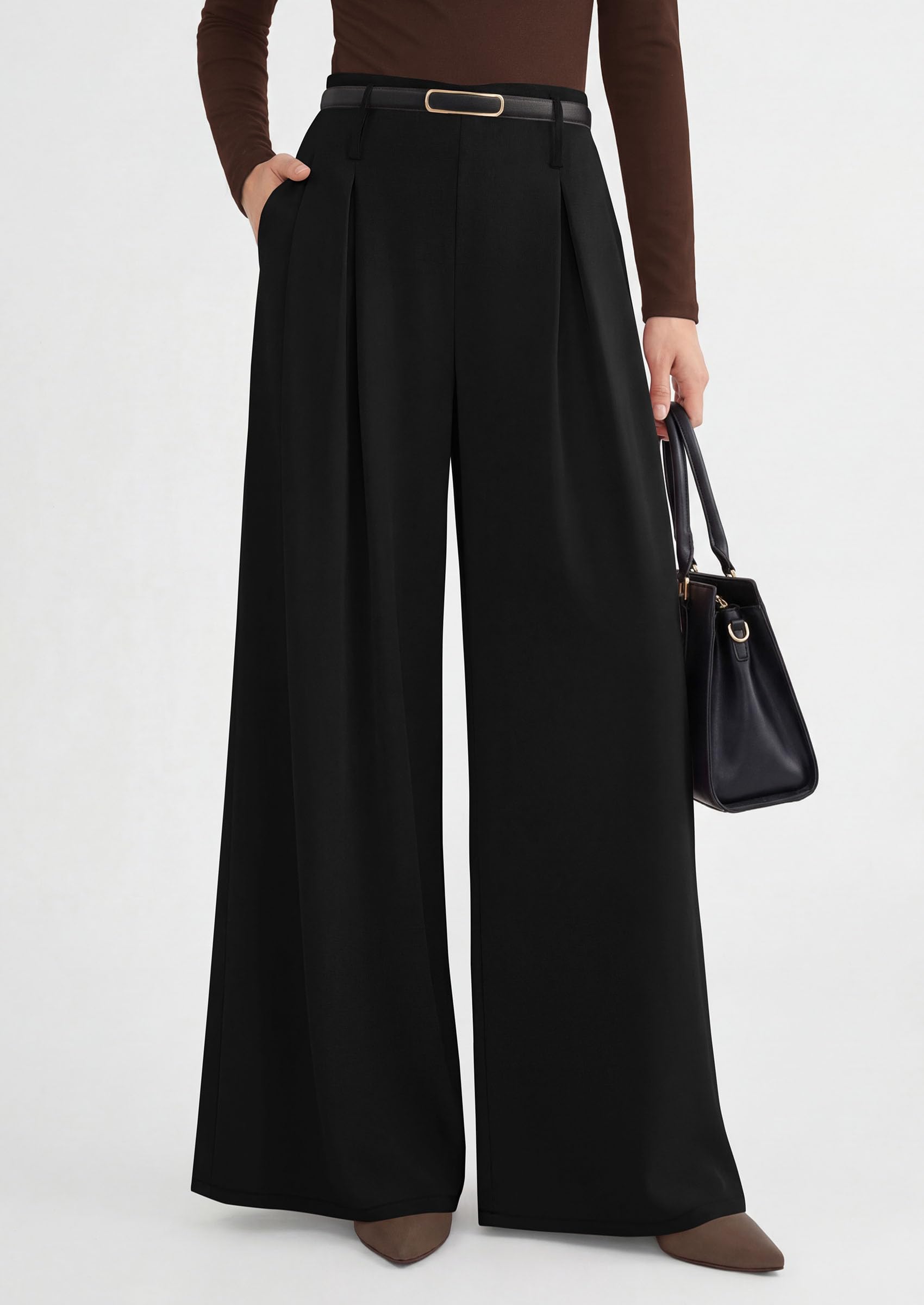 PRETTYGARDEN Womens Spring Wide Leg Trousers 2026 High Elastic Waist Loose Pleated Long Flowy Palazzo Work Pants with Pockets (Black,Large)