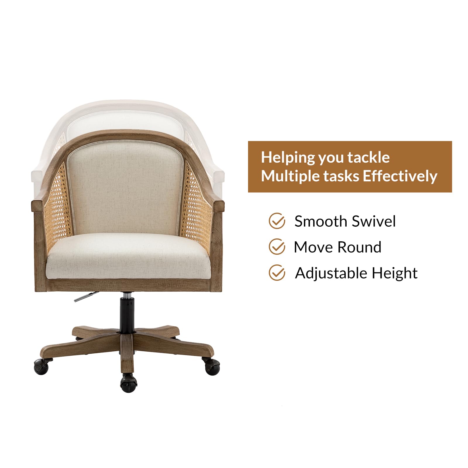 TINA'S HOME Rattan Desk Chair, Upholstered Home Office Chair with Armrest, Adjustable Swivel Rolling Height Computer Task Chair for Living Room Bedroom Study Room, Ivory