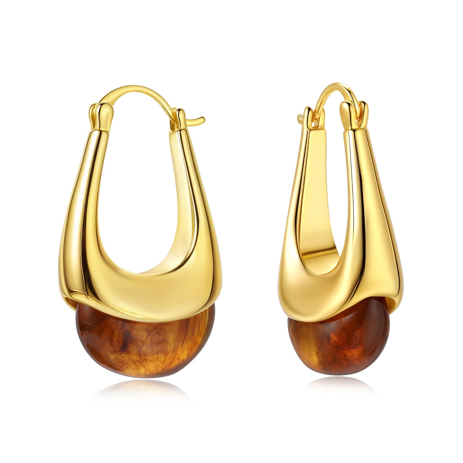 Vintage Gold Hoops Earrings for Women,Brown White Blue Pink Chunky Dangle Drop Jewelry with Resin Gemstones, Trendy Statement Earrings for Beach,Party, Vintage Gift for Travel Maximalist Jewelry Brown