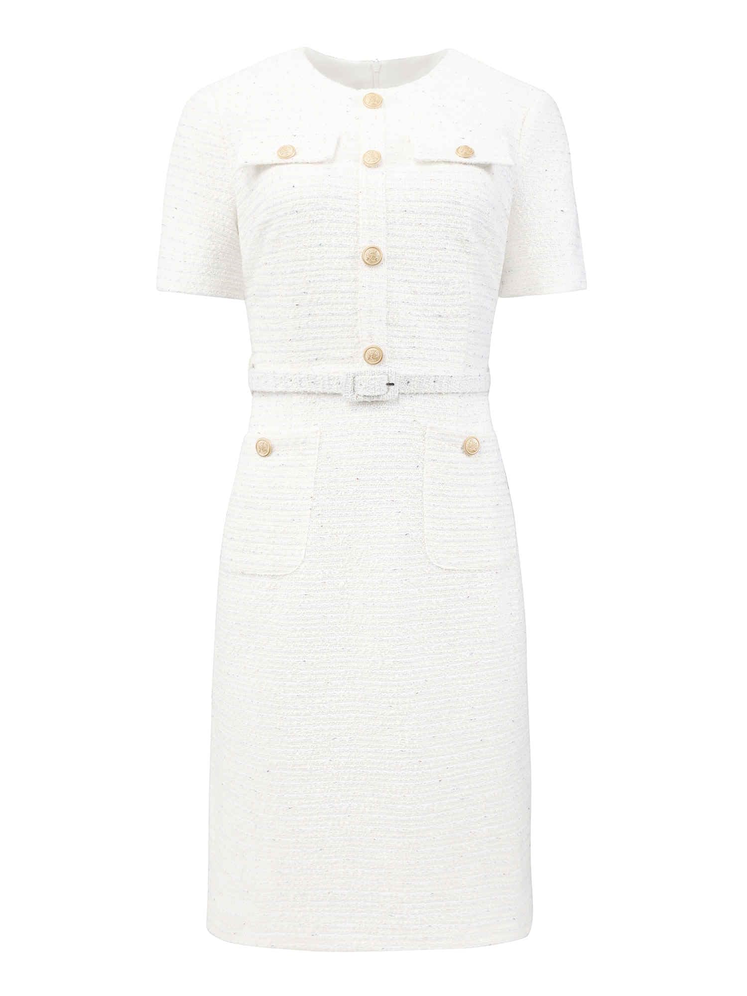 Hobemty Women's Tweed Sheath Dress with Belted Short Sleeve Work 2026 Pencil Dress Large Beige White