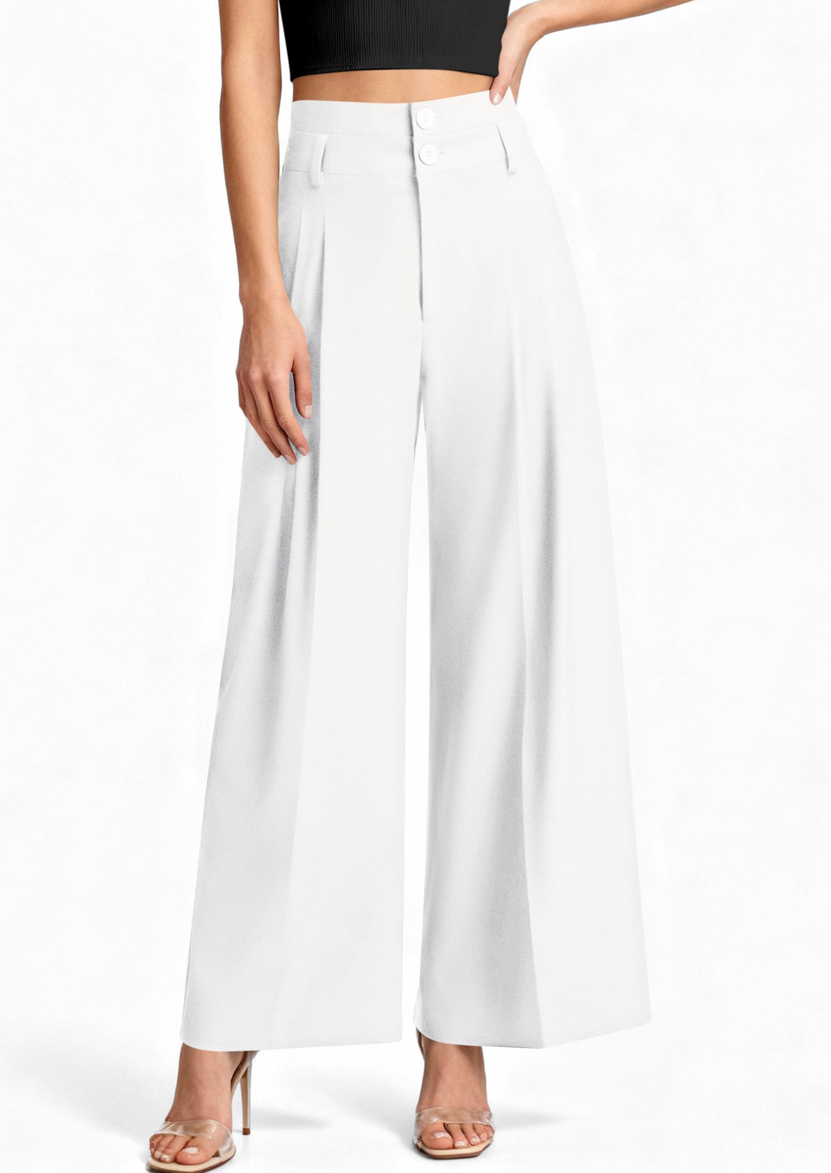 PRETTYGARDEN Womens Spring Wide Leg Palazzo Pants 2026 Trendy Loose Button High Waist Pleated Work Business Casual Trousers (White,Medium)