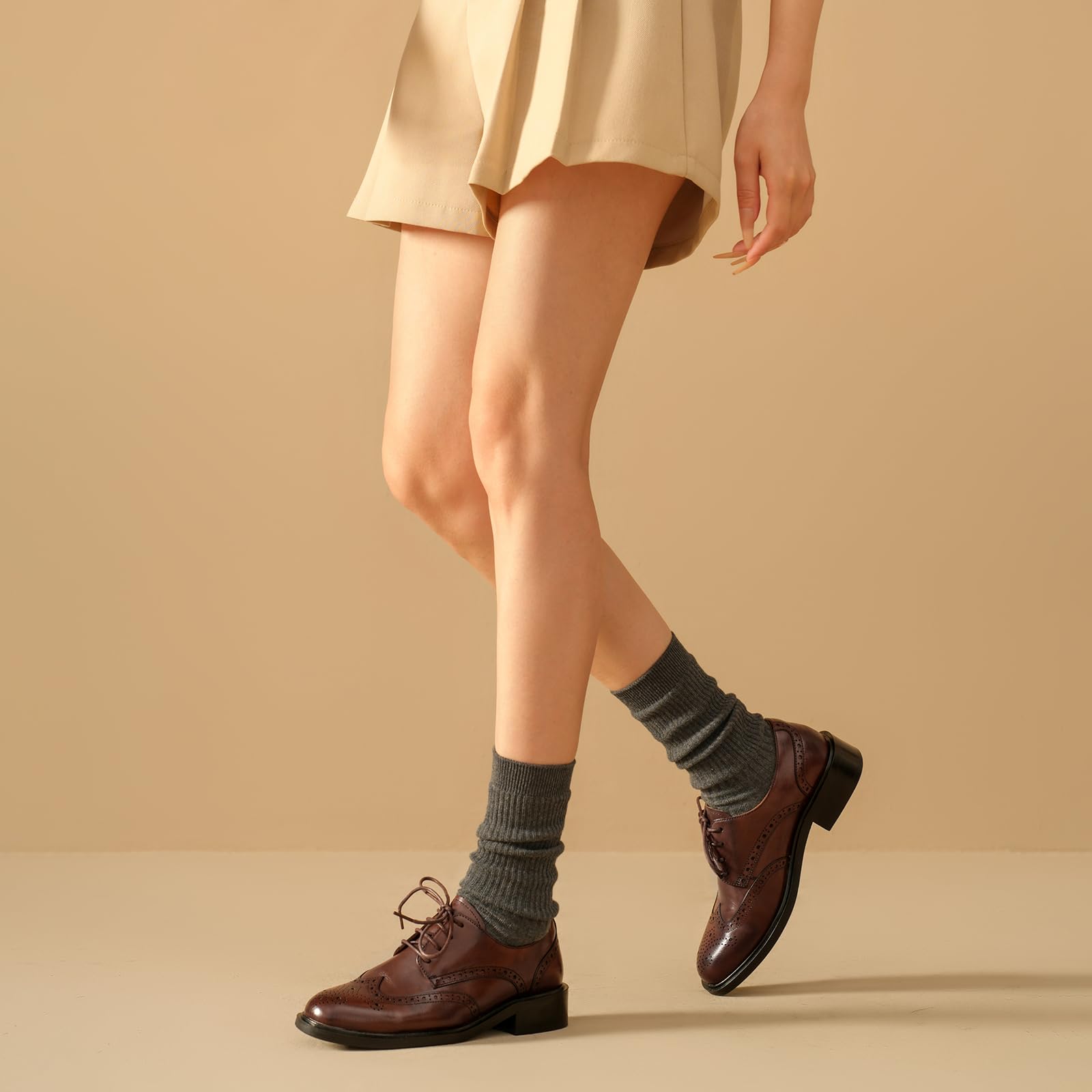 BEAU TODAY Oxford Shoes for Women,Leather Wingtip Dress Shoes,Comfort Brethable Ladies Lace-up Handmade Brogue Formal Oxfords for Business Work Coffee US 5.5