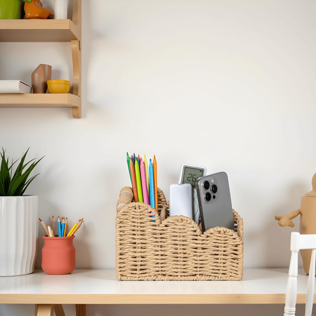 CubesLand Bedside Table Desk Organizer Caddy, Remote Pen&Pencil Holder Cup, Makeup Brush Holder w/Scalloped Perfect for Home, Office Desk, Living Room Table Decor, 3 Slots Beige