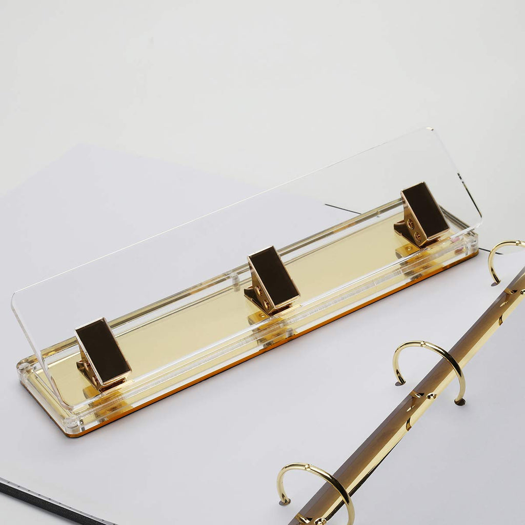 EXPUTRAN Acrylic and Gold Standard 3 Hole Punch,10 Sheet Capacity, Desktop Hole Puncher 3 Ring, Office Desktop Accessory,Clear/Gold