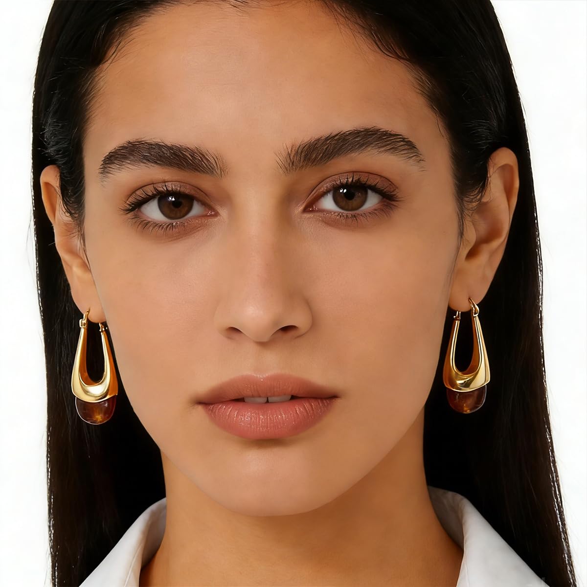 Vintage Gold Hoops Earrings for Women,Brown White Blue Pink Chunky Dangle Drop Jewelry with Resin Gemstones, Trendy Statement Earrings for Beach,Party, Vintage Gift for Travel Maximalist Jewelry Brown