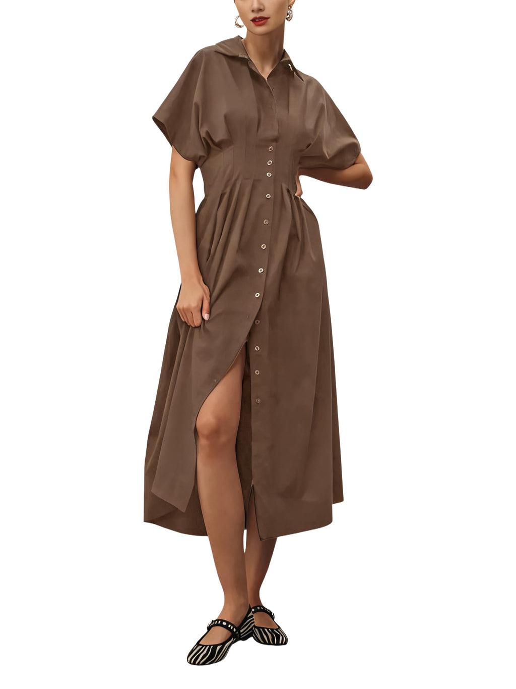 Yeokou Shirt Dress for Women Summer Casual Short Sleeve Button Down Loose Pleated Maxi Sundress with Pockets (Brown-L)