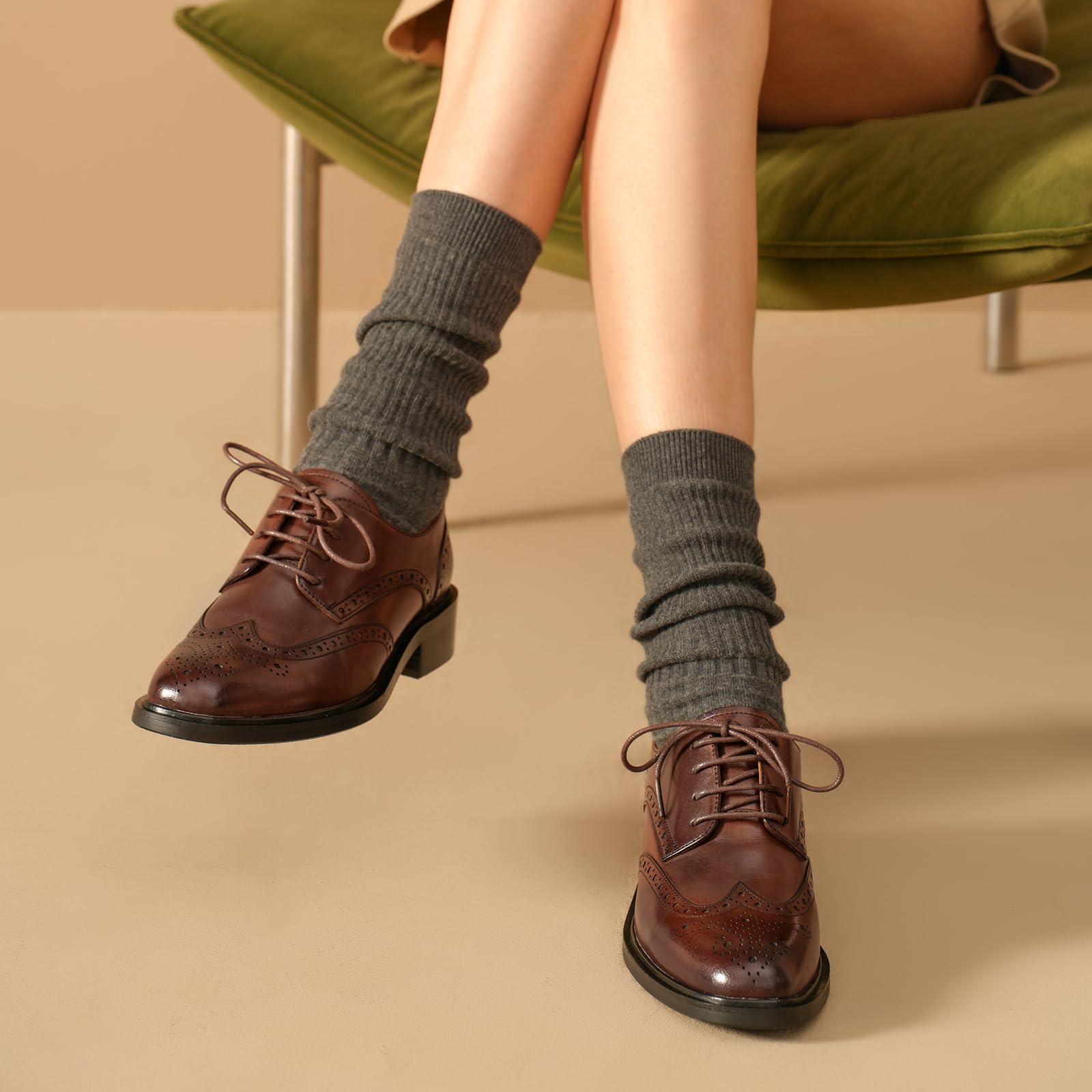 BEAU TODAY Oxford Shoes for Women,Leather Wingtip Dress Shoes,Comfort Brethable Ladies Lace-up Handmade Brogue Formal Oxfords for Business Work Coffee US 5.5