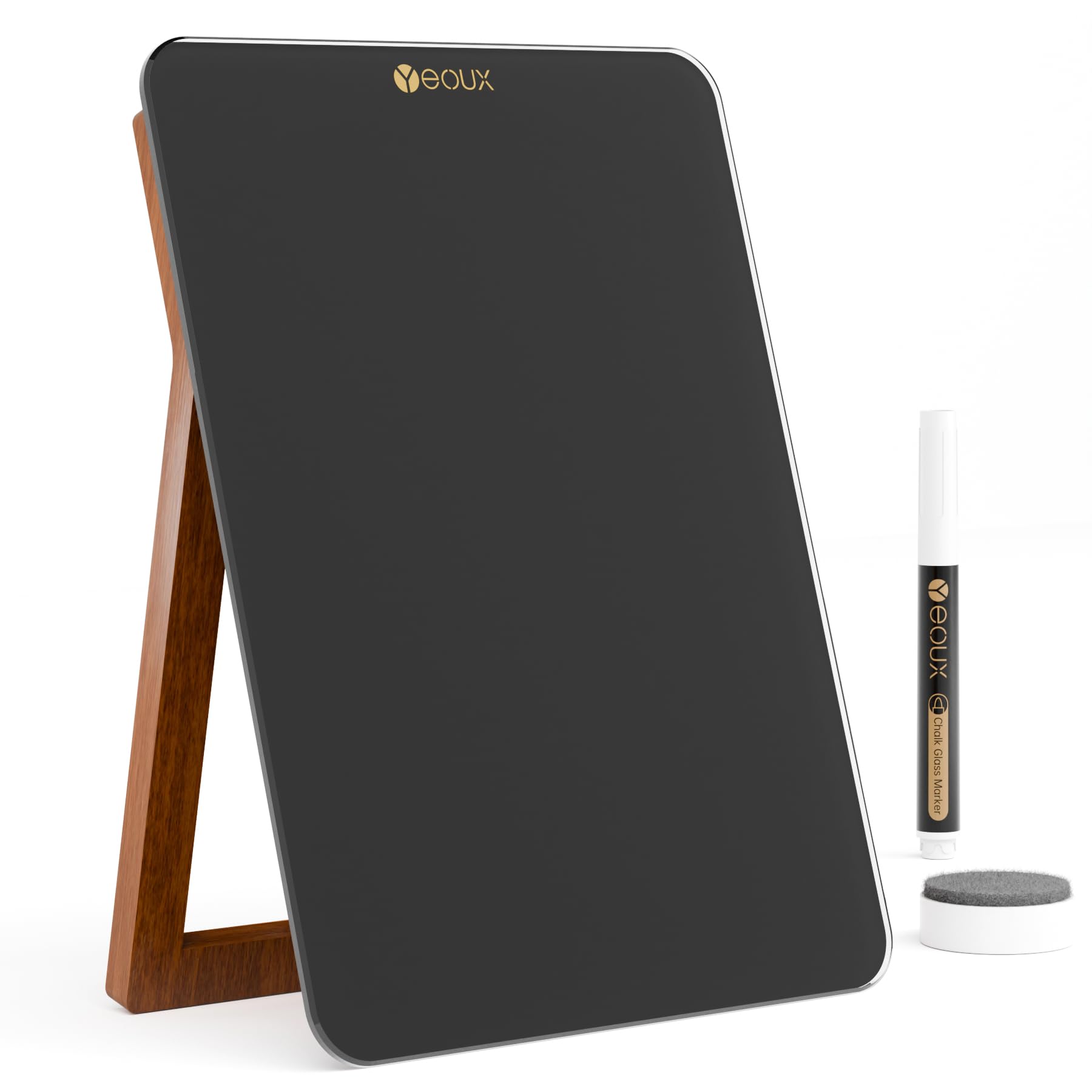 Desktop Black Glass Dry Erase Whiteboard with Reversible Wood Stand, Small Portable White Board Easel for Desk, Reusable Desk Notepad 9.5"x6.7" for Office, Home, School, Marker&Eraser Included, Yeoux