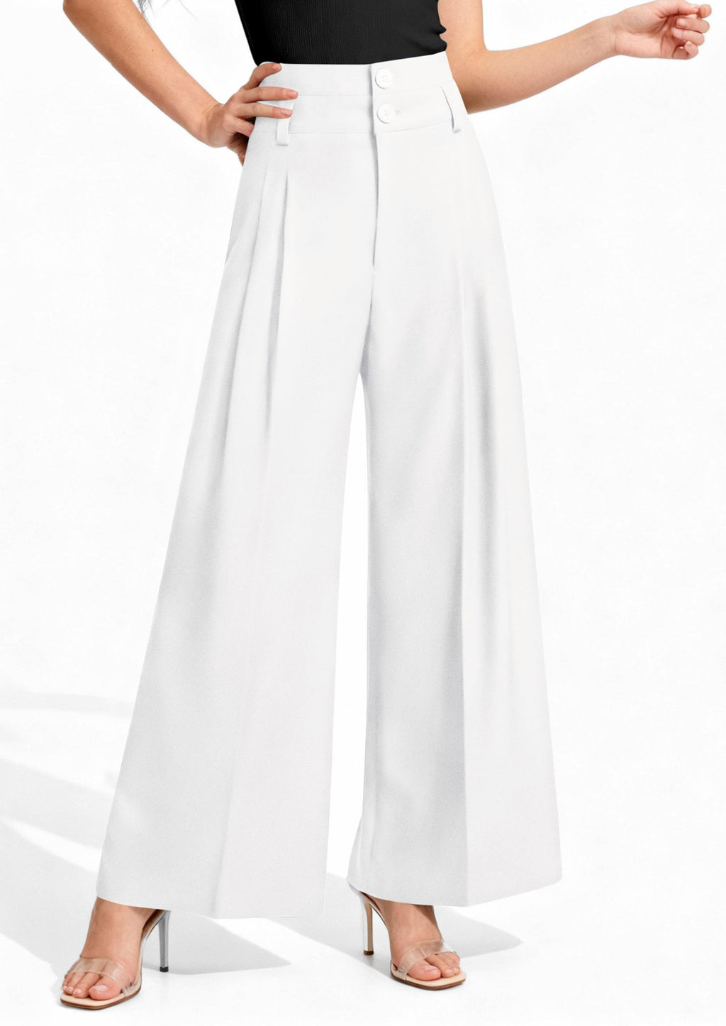 PRETTYGARDEN Womens Spring Wide Leg Palazzo Pants 2026 Trendy Loose Button High Waist Pleated Work Business Casual Trousers (White,Medium)