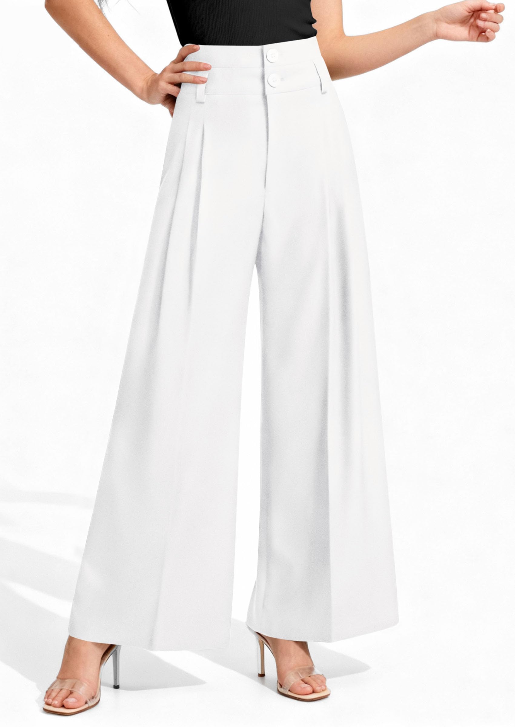 PRETTYGARDEN Womens Spring Wide Leg Palazzo Pants 2026 Trendy Loose Button High Waist Pleated Work Business Casual Trousers (White,Medium)
