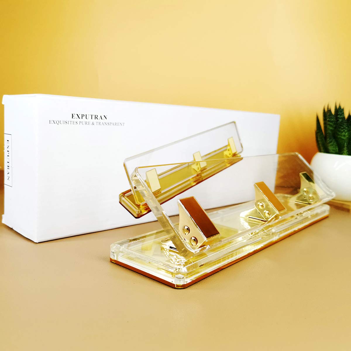 EXPUTRAN Acrylic and Gold Standard 3 Hole Punch,10 Sheet Capacity, Desktop Hole Puncher 3 Ring, Office Desktop Accessory,Clear/Gold