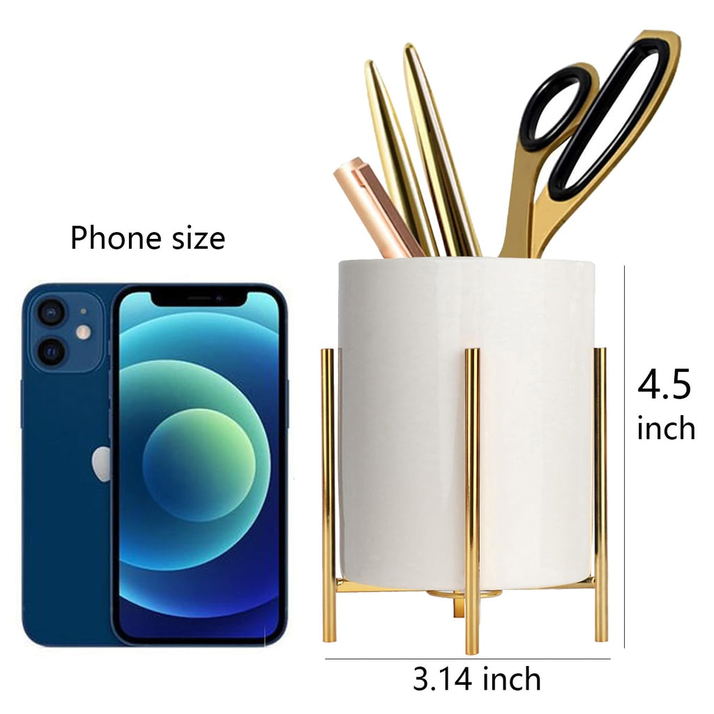 SIEBOLD Gold pencil cup Sturdy metal frame with white ceramic pen holder For desks and kitchen appliance holders