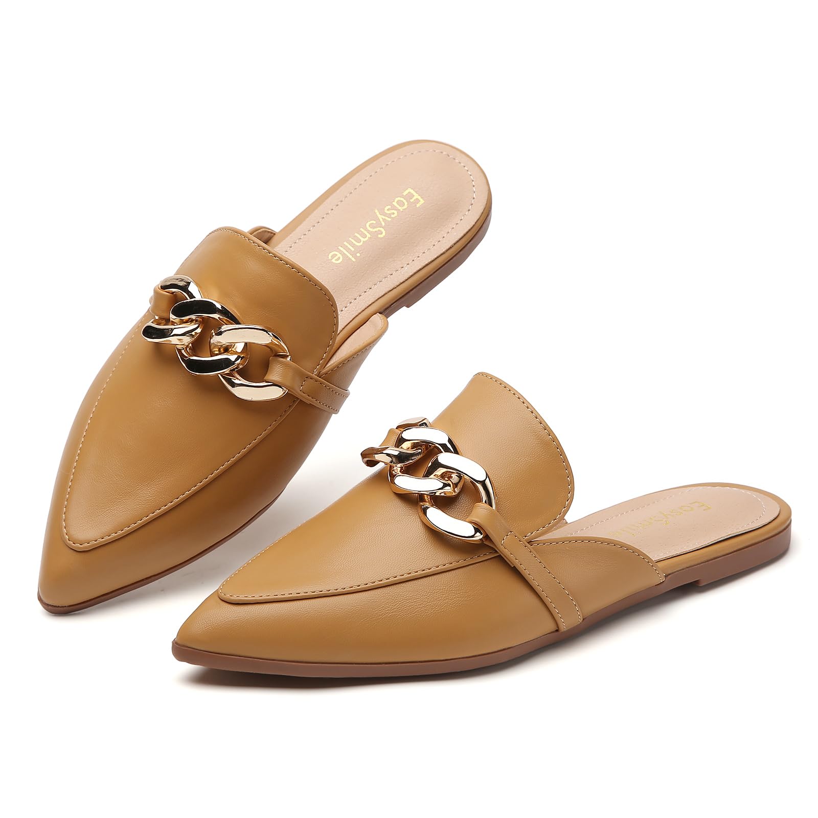 EasySmile Metal Chain Decor Flat Mules for Women Closed Pointed Toe Slip on Loafers Slides Backless Mules Shoes