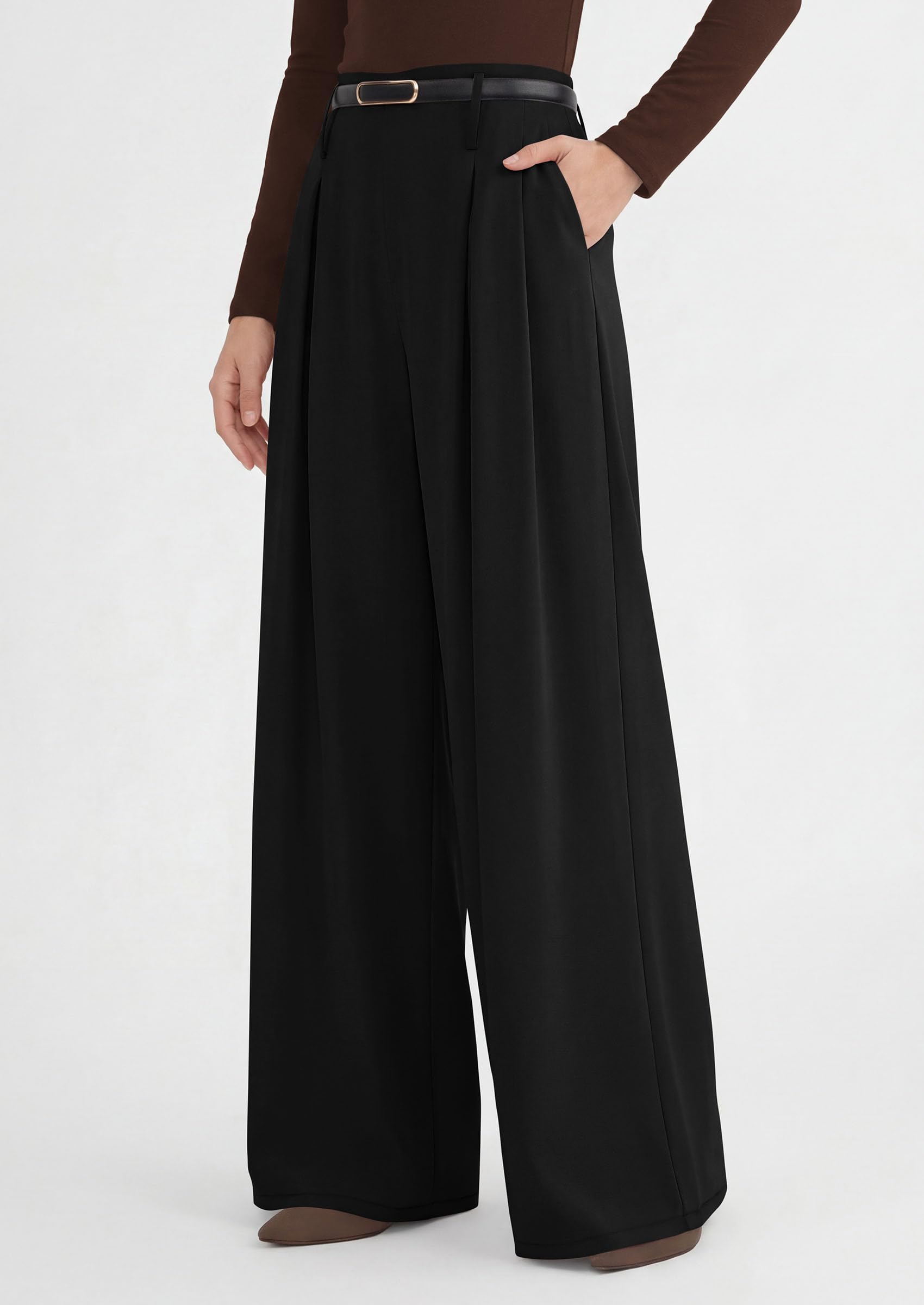 PRETTYGARDEN Womens Spring Wide Leg Trousers 2026 High Elastic Waist Loose Pleated Long Flowy Palazzo Work Pants with Pockets (Black,Large)