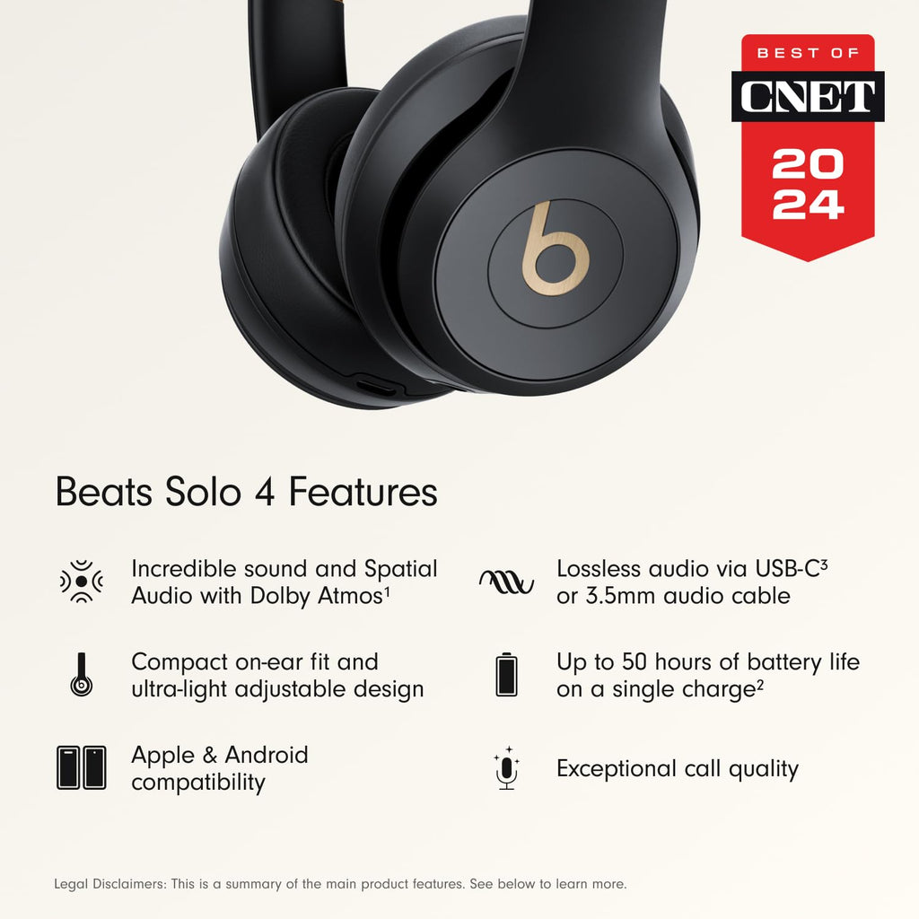 Beats Solo 4 - Wireless On-Ear Bluetooth Headphones, Up to 50-Hour Battery Life, Ultra-Lightweight Comfort, Powerful and Balanced Sound, Apple & Android Compatible - Black & Gold