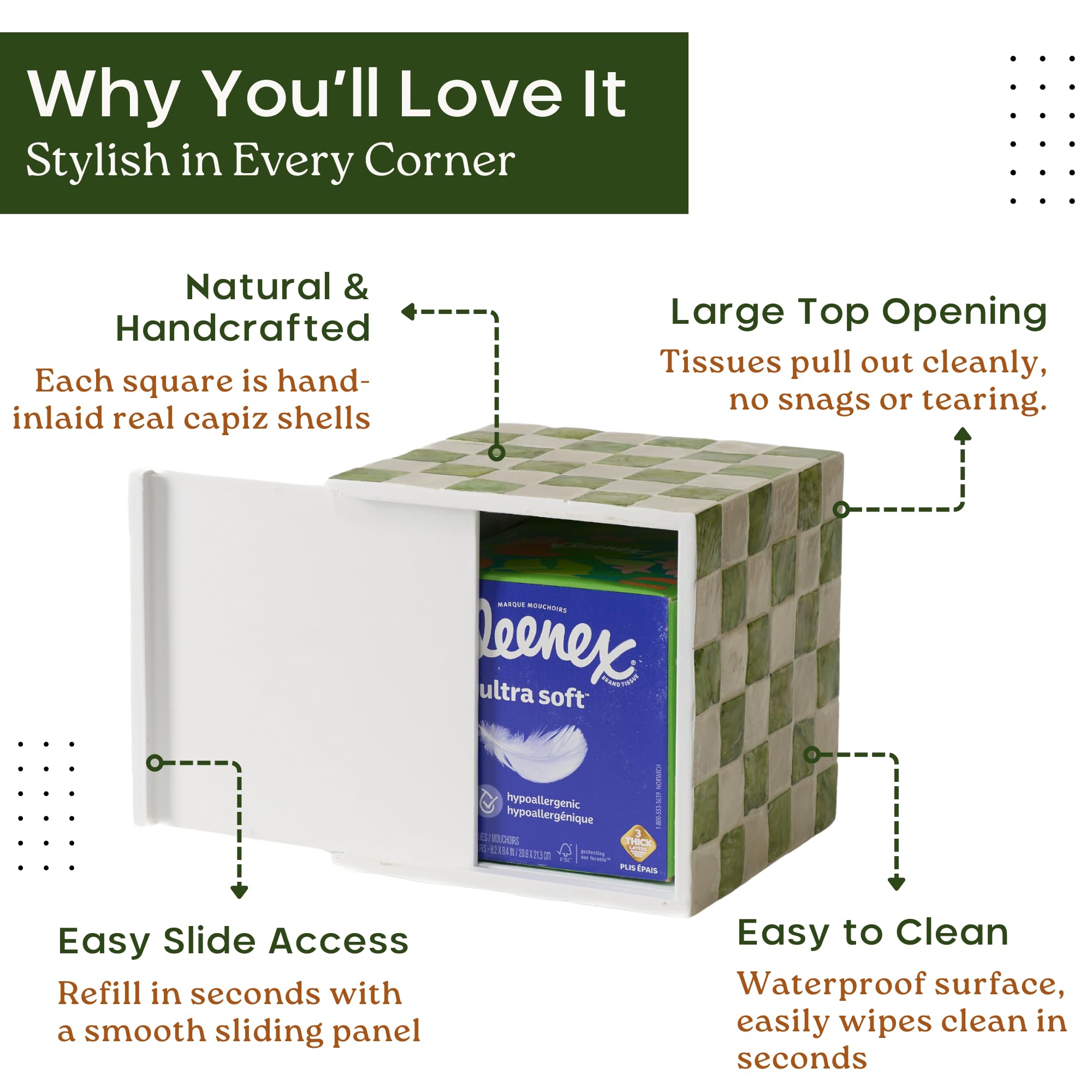 CHI AN HOME 5.7" Square Tissue Box Cover, Handmade Checkered Cube Tissue Box Cover with Capiz Shells, Decorative Tissue Holder for Living Room, Bathroom, Bedroom or Office (Pistachio Green)