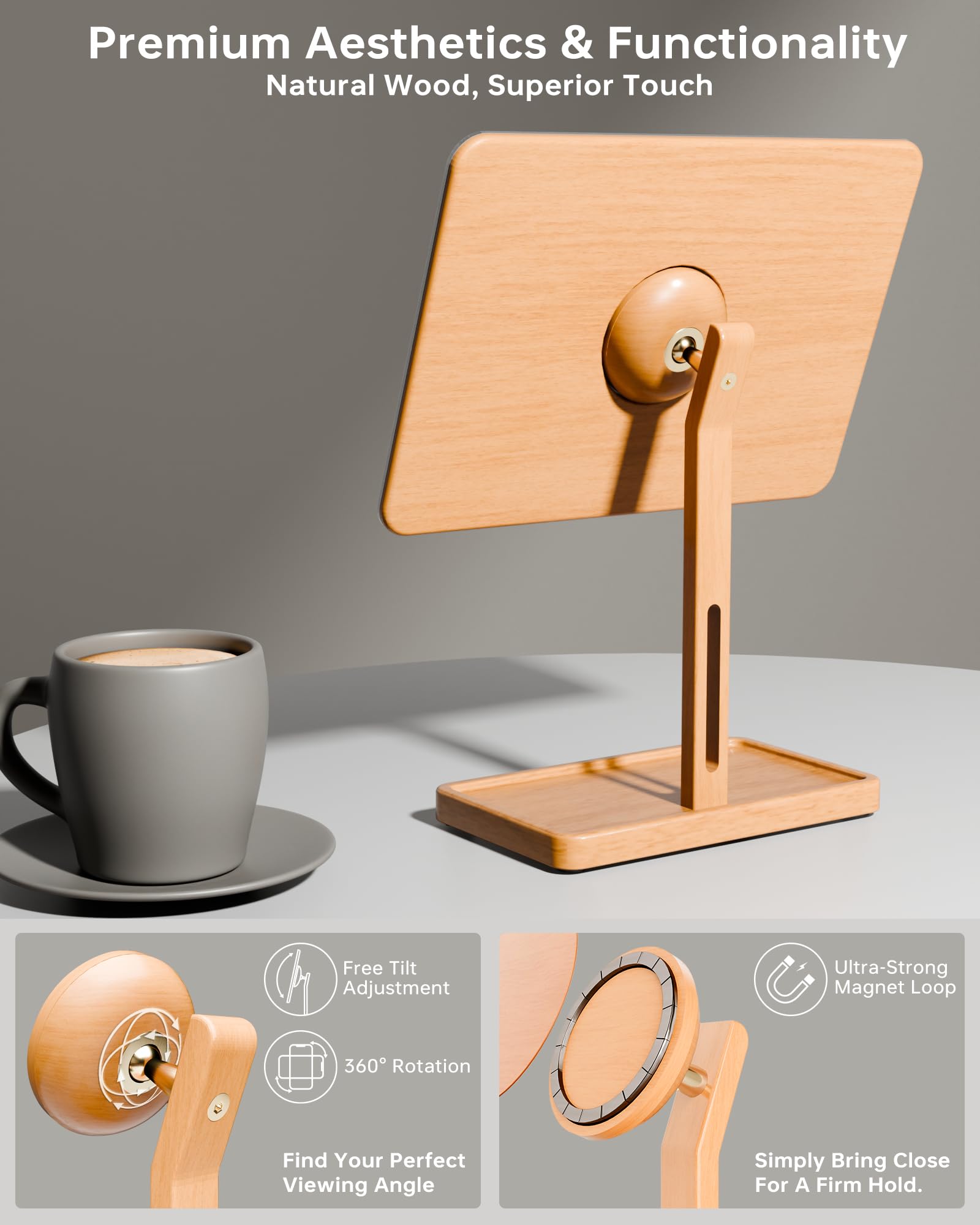 YEOUX Premium Desktop Glass Whiteboard & Magnetic Phone Stand 2-in-1 | 360° Adjustable | Solid Wood | Compatible with MagSafe, Small Dry Erase Board for Office Home Desk