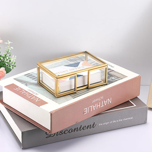 BTSKY Golden Glass Business Card Storage Box with Hinge Lid, Business Card Holder for Desk, Name Card Display Stand for Office Countertop, Business Card Storage Organizer Office Desk Accessories