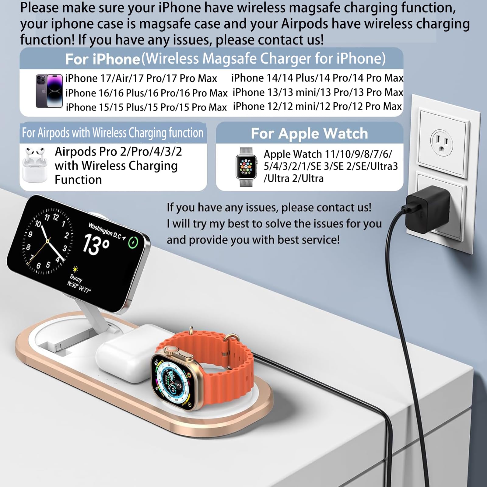 3 in 1 Fast Wireless Charger Stand for iPhone, Foldable Travel Charging Station for Magsafe for iPhone 17/Air/16/15/14/13/12 Series, Apple Watch Series, AirPods pro/2/3/4, Gifts for Women Men (Golden)
