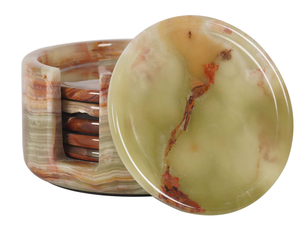 Marble Coasters Set of 6 Green Onyx 3.5 Inch Round Coaster for Drinks with Holder, Drink Coaster for Tabletop & Coffee Table Decor, Ideal Home Decor
