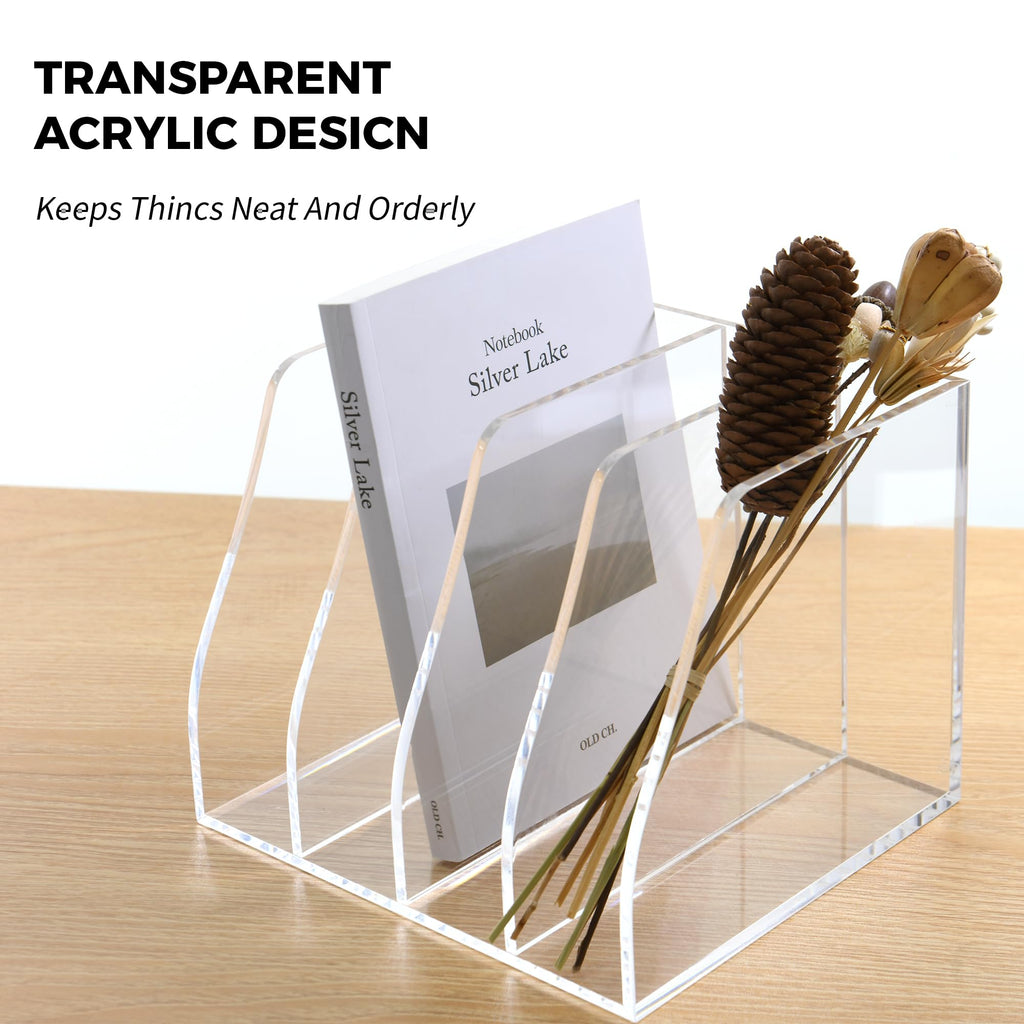 AIMOLLY Acrylic Magazine File Holder, 4 Vertical Compartments Desk Document Sorter Organizer, Clear Folder Rack Binder for Office/Home/Classroom, for Documents, Tablet, Magazines, Books & Accessories