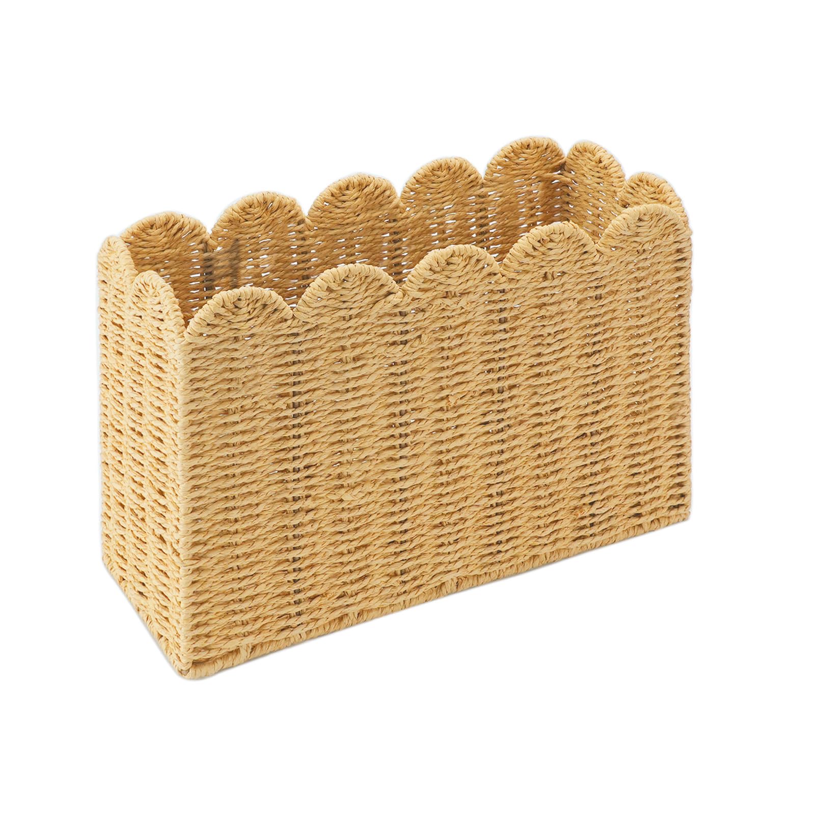 Scalloped Edge Khaki Paper Rope Floor Magazine Holder Basket, Woven Magazine Rack for Office & Home Office, Magazine File Holder Organizer for Mail, Newspapers, Books