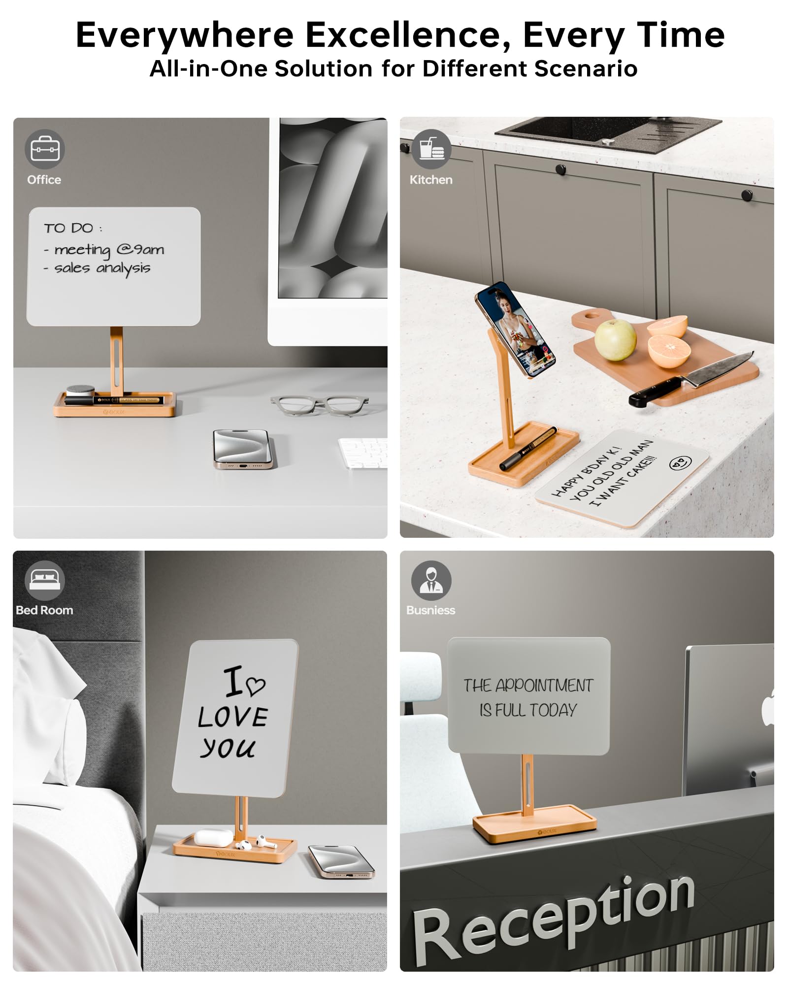 YEOUX Premium Desktop Glass Whiteboard & Magnetic Phone Stand 2-in-1 | 360° Adjustable | Solid Wood | Compatible with MagSafe, Small Dry Erase Board for Office Home Desk