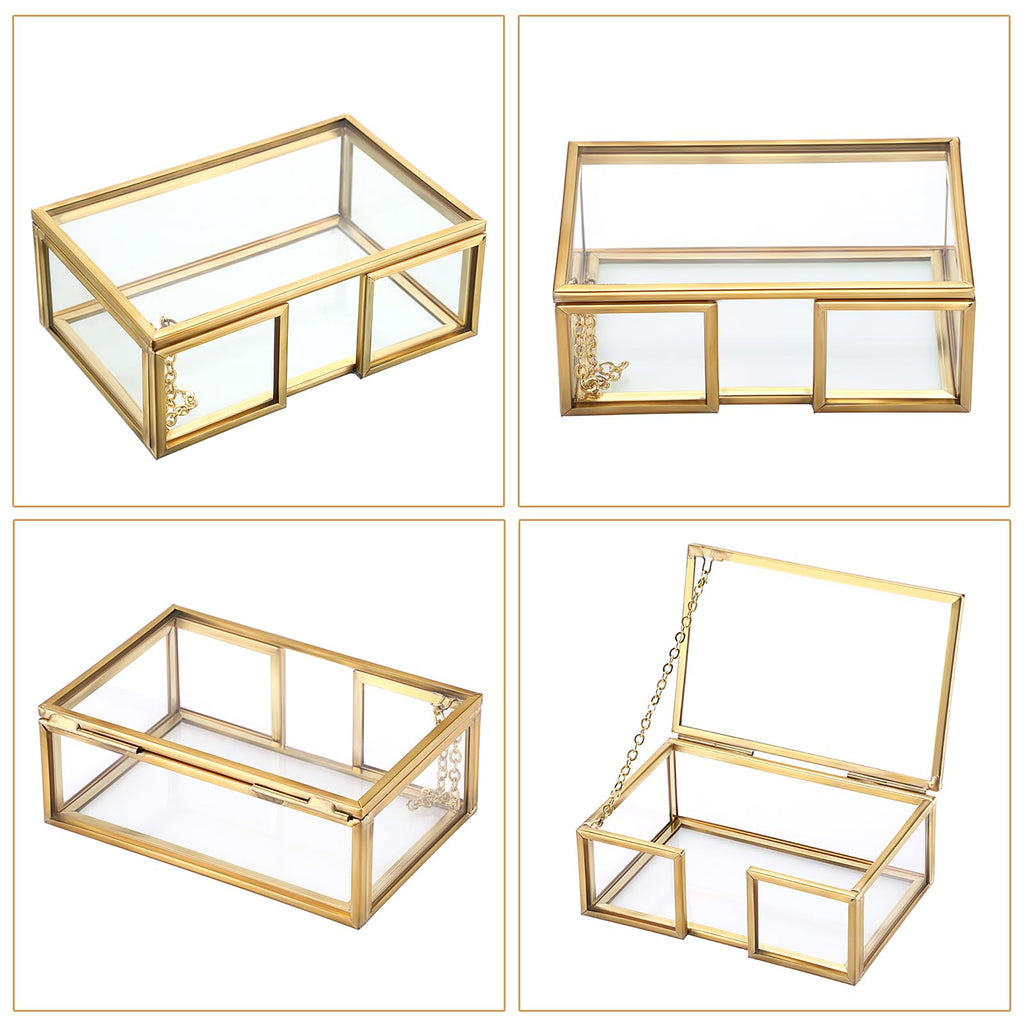 BTSKY Golden Glass Business Card Storage Box with Hinge Lid, Business Card Holder for Desk, Name Card Display Stand for Office Countertop, Business Card Storage Organizer Office Desk Accessories