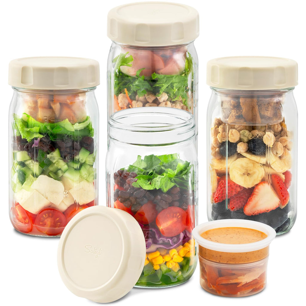 SOLIGT 4 Pack Glass Salad Jars with Lids Meal Prep, Leakproof Container for Lunch, Two Small Built-in Boxes with Wet/Dry Separation for Salad Dressing and Dry Ingredients, 32oz Mason Jars