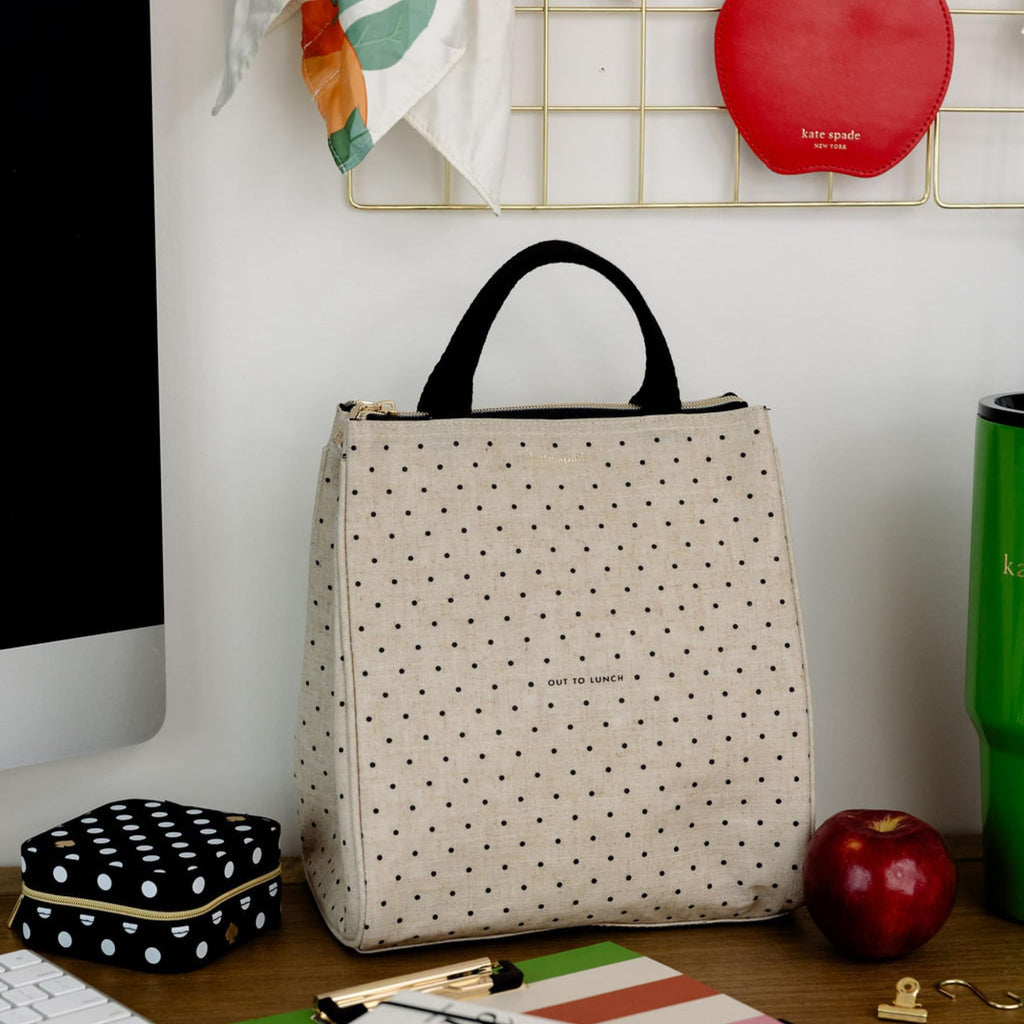 kate spade new york Cute Lunch Bag for Women, Large Capacity Lunch Tote, Adult Lunch Box with Silver Thermal Insulated Interior Lining and Storage Pocket (Out to Lunch)